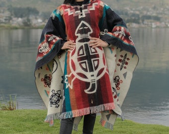 Unisex Alpaca Poncho. (Red Sea Turtles) EXCLUSIVELY HANDCRAFTED by Indigenous Hands!