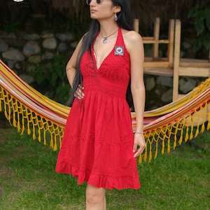 Hand-stitched Cotton Dress (Lily of the Valley in Red)Bohemian Style. Super Comfortable and Machine Washable.  San Valentine Gift Ideas