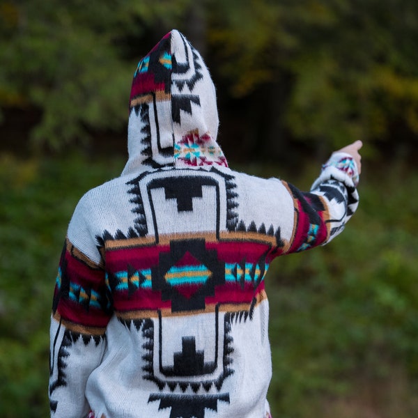 Alpaca Jacket (Sunset Southwestern Cross) Handcrafted by Indigenous Hands.  Super warm and soft. Machine Washable!