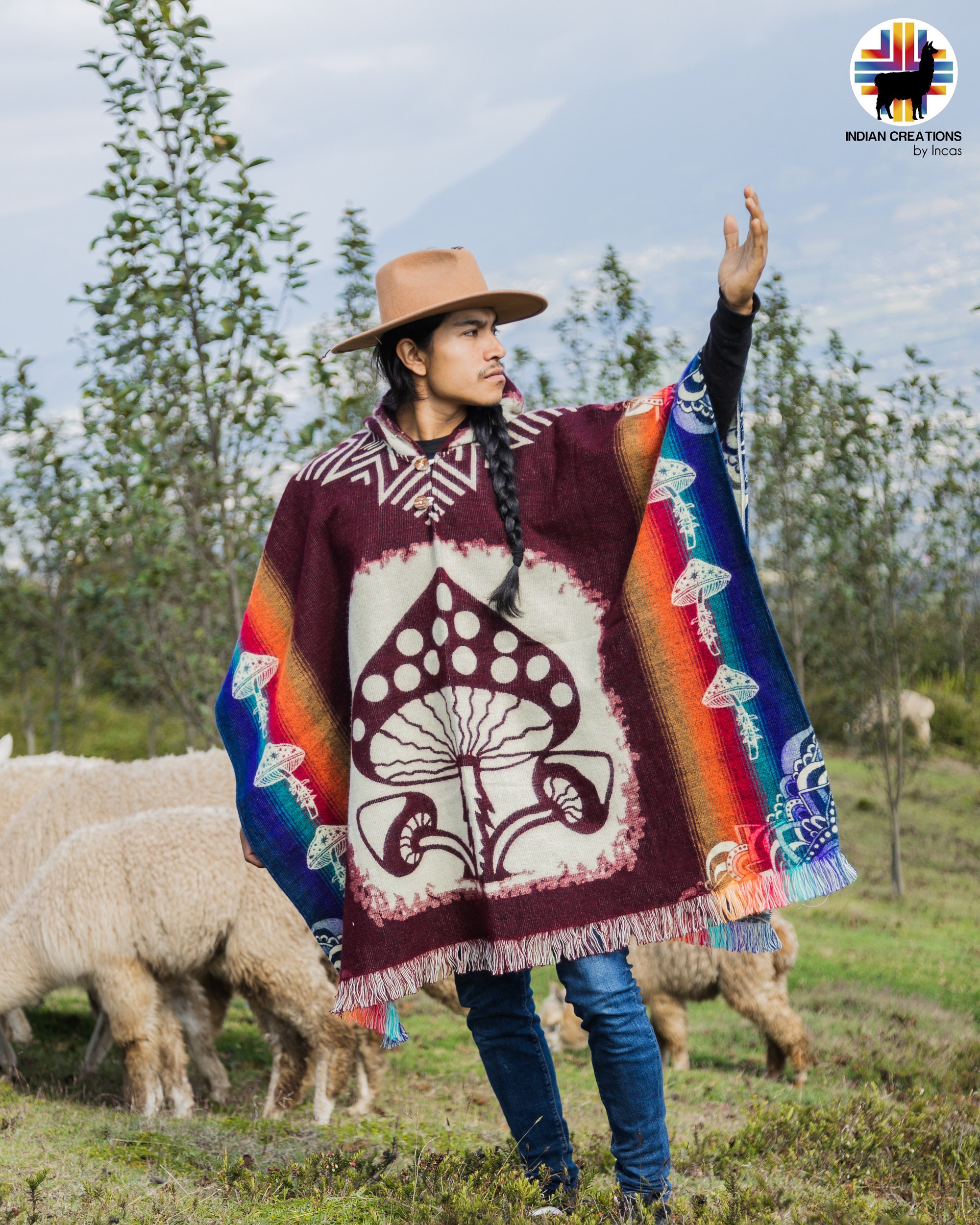 Unisex Alpaca Wool Poncho. (zoanthid Coral) Handmade by Indigenous