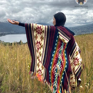 Alpaca Wool Poncho (Blue & Red). Unisex. Exclusive Design! Crafted by Indigenous Hands. One size, a Hooded poncho.FREE SHIPPING! Gift Ideas.