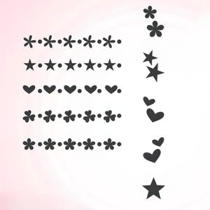 May include: Black line art illustrations of various decorative elements, including flowers, stars, hearts, and shamrocks. The designs are arranged in rows and as individual elements, suitable for crafting or design projects.
