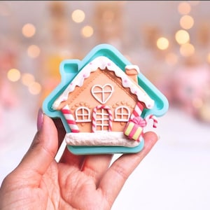 May include: A gingerbread house-shaped mold in a teal frame, held in a hand. The gingerbread house has white icing details, a heart-shaped window, and candy cane accents. A small gift box with a bow is also included.