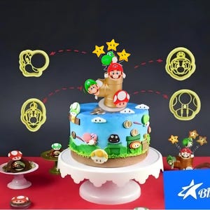 May include: A decorated cake with a blue sky design, featuring edible Mario characters and elements. The cake is on a white pedestal, surrounded by character-shaped cookie cutters and additional decorative elements. A fun and festive dessert.