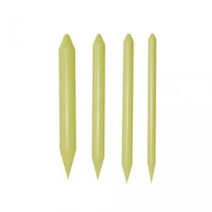 May include: Four yellow plastic cake decorating tools with pointed tips. The tools are different sizes.