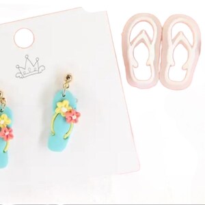 Puede incluir: Un par de pendientes de chanclas azules con detalles de flores amarillas y rosas. Los pendientes están en una tarjeta blanca con un logotipo de corona.