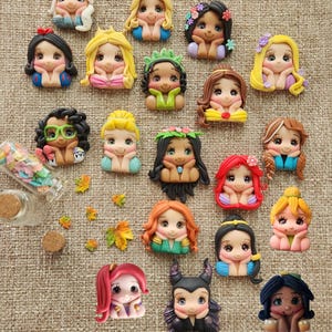 Princess clay dolls, Clay Bow, Choose One, Bow center clay doll, clay charm, Clay bow center, polymer clay center, princess Cinderella,Ariel