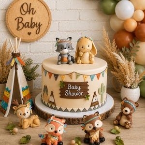 Könnte beinhalten: Ein runder Kuchen mit beigem Fondant, verziert mit einem Holzschild mit der Aufschrift Baby Shower, umgeben von Fondantfiguren eines Waschbären, Hasen, Rehs, Fuchses, einer Eule und eines Bären sowie einem Miniatur-Tipi.