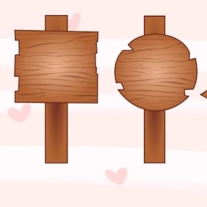 May include: Four wooden signposts with various shapes: a circle, a rectangle, and two with arrow-like designs. The signs are brown with wood grain texture, mounted on brown posts. The background is light pink with small heart shapes.