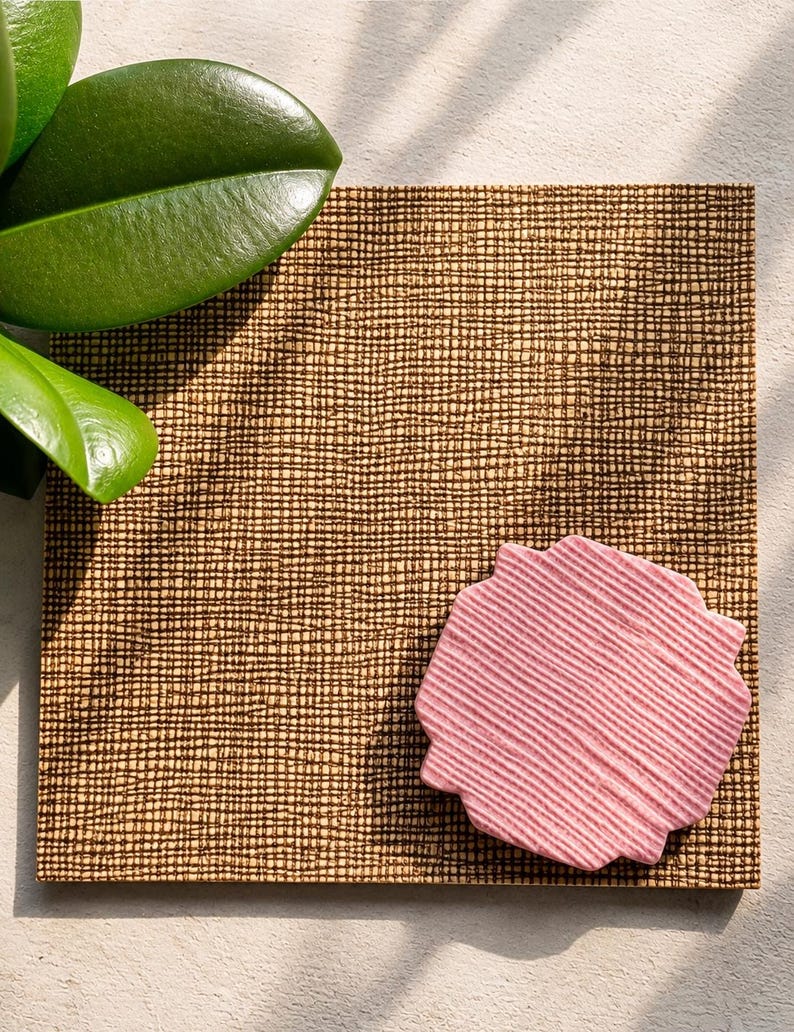 May include: A square coaster featuring a dark brown cross-hatched grid pattern on a tan base. A smaller, pink, scalloped-edge coaster with a textured, ribbed surface is placed on top of the larger square coaster, creating a layered visual effect.
