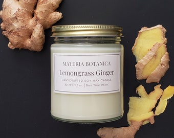 Lemongrass Ginger Botanical Aromatherapy Soy Candle, All Natural-100% Essential Oil