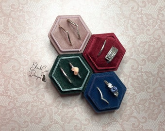 Velvet Double Ring Box - Navy - Blush - Maroon Red - Forest Green - Pink - Wedding - Proposal