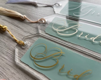 Sage Green Acrylic Wedding Name Places with Gold or Cream text and tassel. Perfect for a party wedding baby shower