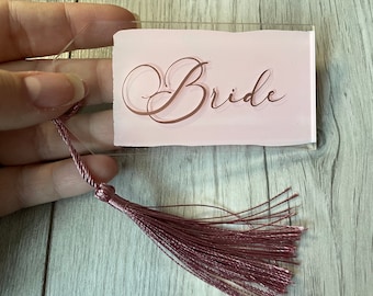 Baby Pink And Rose Gold Acrylic Name Place with matching tassel - perfect for parties - baby showers - weddings - hen do’s - celebrations