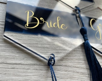 Navy and Gold Acrylic Name Places with Metallic Tassel. Perfect for Weddings, Parties and Wedding Favours.