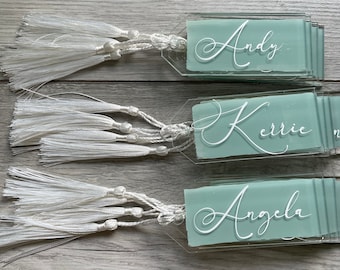 Sage Green Wedding Name Places, Handmade Beautiful White Font and white tassel to match. Perfect for weddings parties baby showers