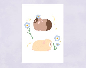 Two Spring Guinea Pig Illustration, Art Print, Wall Decor