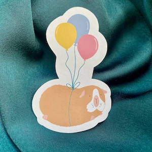 Birthday Balloons Guinea Pig Sticker, Illustrated Gloss Die Cut Sticker,