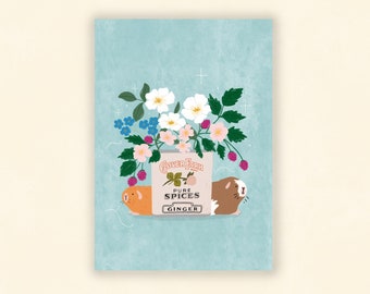 Vintage Blechdose und Blumen mit Meerschweinchen, Kunstdruck, Wandkunst, PetIllustration