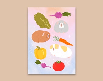 Colourful Vegetables and Guinea Pig Art Print, Wall Art, Pet Illustration