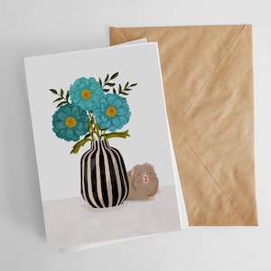 Cavia zat met bloemenkaart, A6, wenskaart, verjaardagskaart, geïllustreerde huisdierkaart