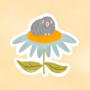 Grey Guinea Pig Sat on Blue Flower Large Gloss Die Cut Sticker,