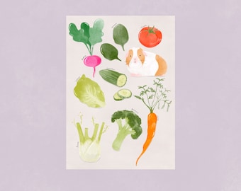 Vegetables and Guinea Pig Art Print, Wall Art, Pet Illustration