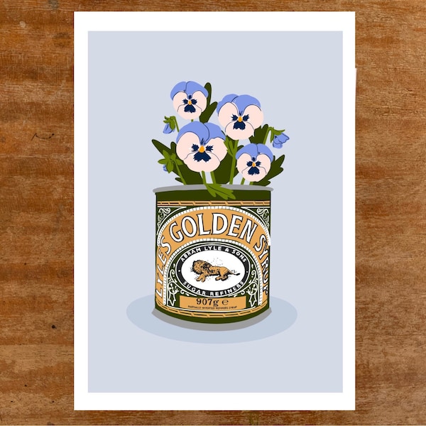 Blue Pansy in Vintage Golden Syrup Tin Illustration, Wall Art, Print