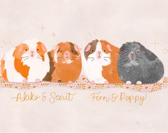 May include: Four guinea pigs, two brown and white, one brown and black, and one gray, are sitting on a pink and gold patterned rug. The guinea pigs are arranged in two pairs, with the text "Akiko & Scout" below the first pair and "Fern & Poppy" below the second pair.