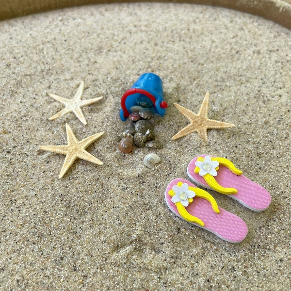 Beach Scene: Miniature beach bucket, tiny seashells, sandals, star fish for fairy garden or beach diorama