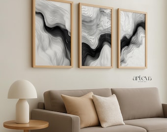 Set of 3 Monochrome Topography Wall Art – Abstract Black and White Printable Line Art, Modern Flow Line Minimalist Art, Digital Download