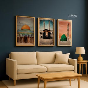 3 Piece Printable Wall Art of Islamic Landmarks Kaaba Mecca Dome of the Rock and Masjid Nabawi Medina, Ramadan Decor, Islam Downloadable Art