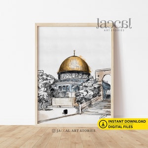 Dome of the Rock (Qubbat aṣ-Ṣakhra) Digital Sketch Painting, Islamic Printable Wall art, Islam Architecture Landmark, Aesthetic Decor