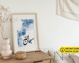 Subhanallah Tasbih Caligrafía islámica imprimible arte azul tinta de alcohol abstracto pared islámica arte impresión decoración del hogar árabe descargable