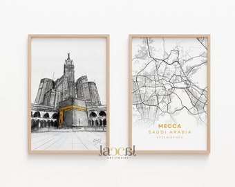 Set of Kaaba Sketch & Mecca City Map Set - Printable Islamic Art Duo - Sacred Mosque - 2 Pieces Islamic Digital Download Art - Home Decor