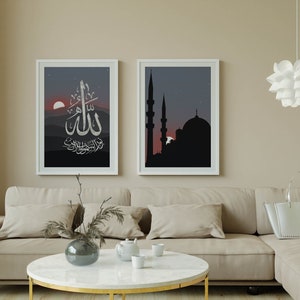 2 Sets Islamic Printable Boho Wall Art, Arabic Calligraphy Poster & Masjid Silhouette Ramadan Aesthetic Home Decor, Mosque Art, Living Room image 3