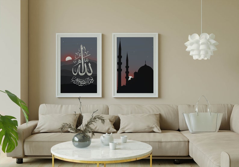 2 Sets Islamic Printable Boho Wall Art, Arabic Calligraphy Poster & Masjid Silhouette Ramadan Aesthetic Home Decor, Mosque Art, Living Room image 3