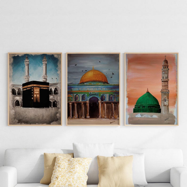 3 Piece Printable Wall Art of Islamic Landmarks Kaaba Mecca Dome of the Rock and Masjid Nabawi Medina, Ramadan Decor, Islam Downloadable Art image 8