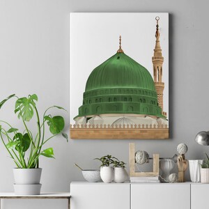 Digital painting illustration Masjid an-Nabawi Medina (Madinah), The green dome of Muhammad Mosque, Morocco home decor, Islamic wall decor image 3
