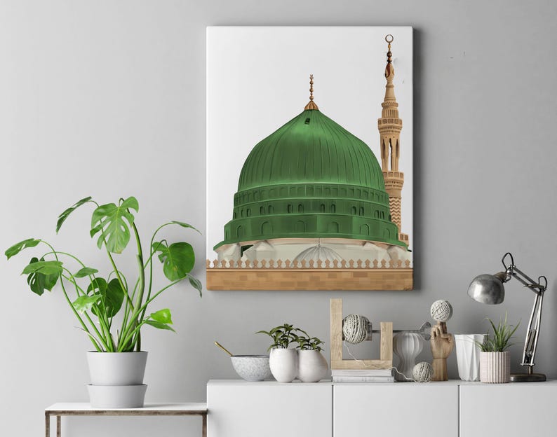 Digital painting illustration Masjid an-Nabawi Medina (Madinah), The green dome of Muhammad Mosque, Morocco home decor, Islamic wall decor image 3