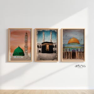 3 Piece Printable Wall Art of Islamic Landmarks Kaaba Mecca Dome of the Rock and Masjid Nabawi Medina, Ramadan Decor, Islam Downloadable Art image 3