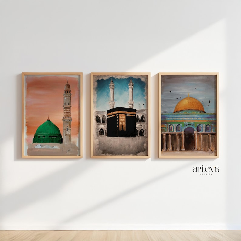 3 Piece Printable Wall Art of Islamic Landmarks Kaaba Mecca Dome of the Rock and Masjid Nabawi Medina, Ramadan Decor, Islam Downloadable Art image 3