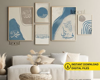 5 Printable Wall Art Sets Arabic Calligraphy with Aesthetic Abstract Grey and Blue, Islamic Home Decor and Living Room Poster Sets