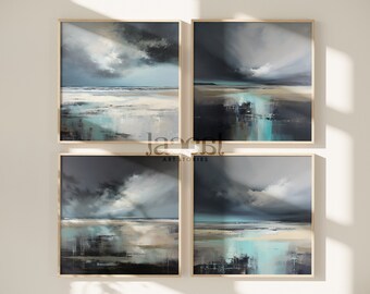 Set of 4 Coastal Square Abstract Ocean Landscape Printable Art Prints, Bundle Gallery Wall Art, Beach House Decor, Nautical Home Decor