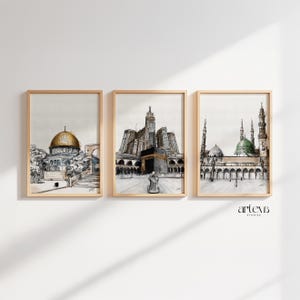 3 Islamic Landmarks Wall Art Set Kaaba Mecca Dome of the Rock Masjid Nabawi Digital Sketch Watercolor Painting Islam Wall Decor Downloadable
