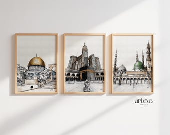 3 Islamic Landmarks Wall Art Set Kaaba Mecca Dome of the Rock Masjid Nabawi Digital Sketch Watercolor Painting Islam Wall Decor Downloadable