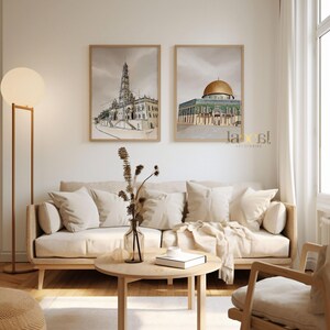 Set of 2 Islamic Digital Art Prints: Dome of The Rock (Palestine) & Masjid Tarim (Yemen) in Aesthetic Calm Brown Tone - Islamic Wall Art image 5