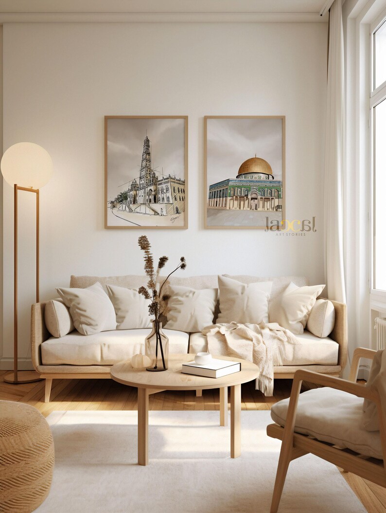 Set of 2 Islamic Digital Art Prints: Dome of The Rock (Palestine) & Masjid Tarim (Yemen) in Aesthetic Calm Brown Tone - Islamic Wall Art image 5