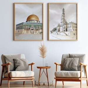 High-quality digital download of set of 2 islamic digital art prints: dome of the rock (palestine) & masjid tarim (yemen) in aesthetic calm brown tone - islamic wall art, perfect for Islamic home decor, printable wall art, and thoughtful Muslim gifts.