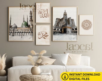 Set of 5 Islamic Printable Art - Kaaba - Masjid Nabawi - Allah Muhammad and Surah Al Ikhlas Round Arabic Calligraphy, Islamic Home Decor